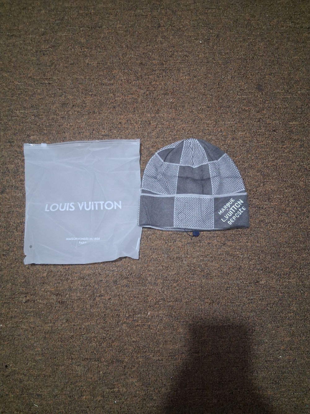 Louis Vuitton Men's Gray Checker Knit Beanie